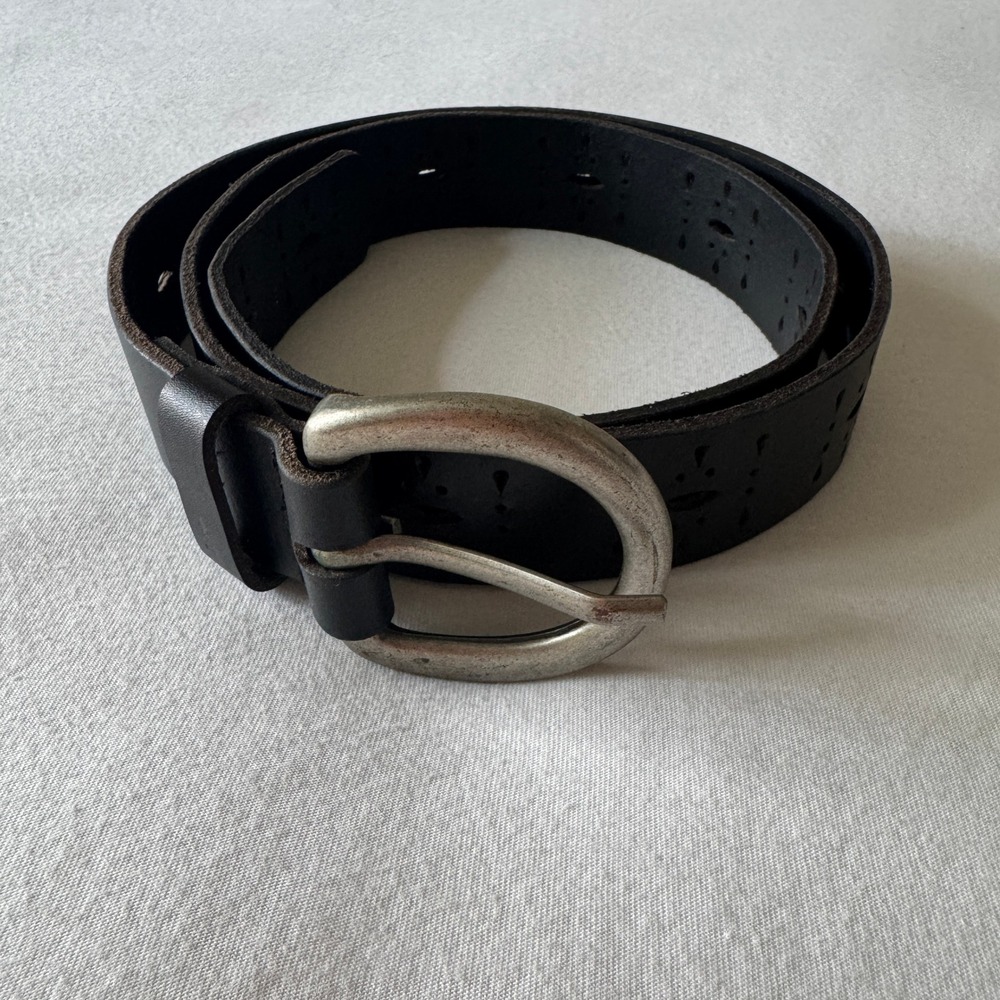 Y2K Black 100% Leather Perforated Belt Silver Tone Buckle Size L Western Grunge